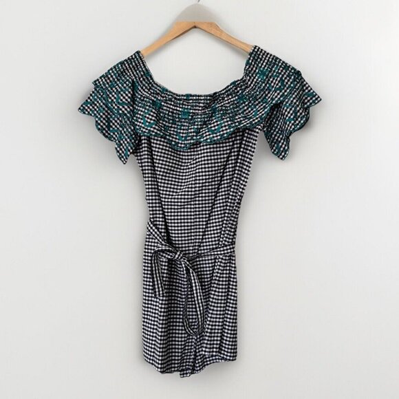 LOFT Beach Womens Gingham Romper Off Shoulder Checkered Embroidered Collar Sz M - Picture 1 of 6